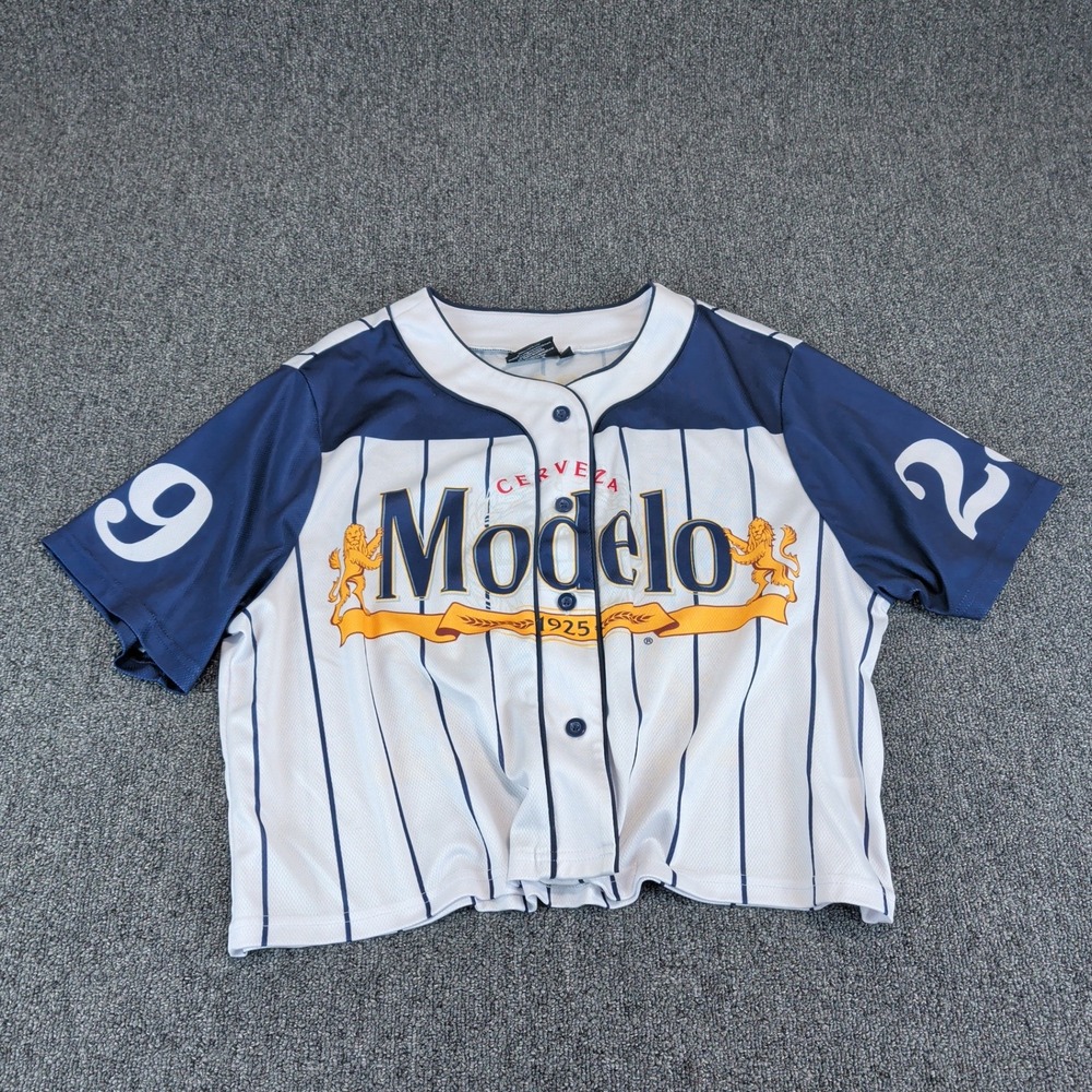 Modelo Women Baseball Jersey Large Polyester White Blue Pinstripe Cropped Sporty